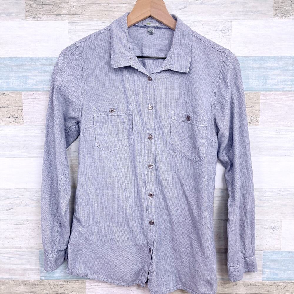 Horny Toad & Co Dobby Cinch Button Back Shirt Blue Organic Cotton Womens Small